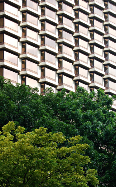 Gevel van een hotel, het Carlton als ik me niet vergis, in de buurt van Bugis, Singapore.