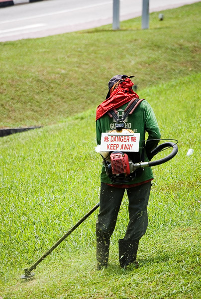 In Singapore lijkt al het mindere werk uitbesteedt te worden, dus ook het grasmaaien. Niemand die de hele dag in de dampen van het benzinemotortje wil rondlopen. NUS campus, Singapore.