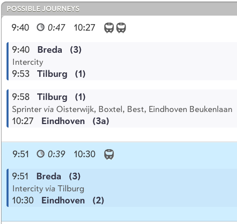 Vertrektijden en de stations onderweg. Het aantal treintjes geeft een indicatie van het aantal benodigde keren overstappen.