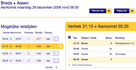 Screenshot van NS reisplanner