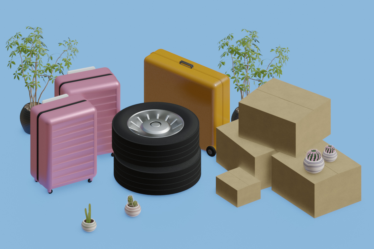 Stillife of two vehicle wheels, several cardboard boxes, and brightly-coloured suitcases. A few plants are placed in the scene too.