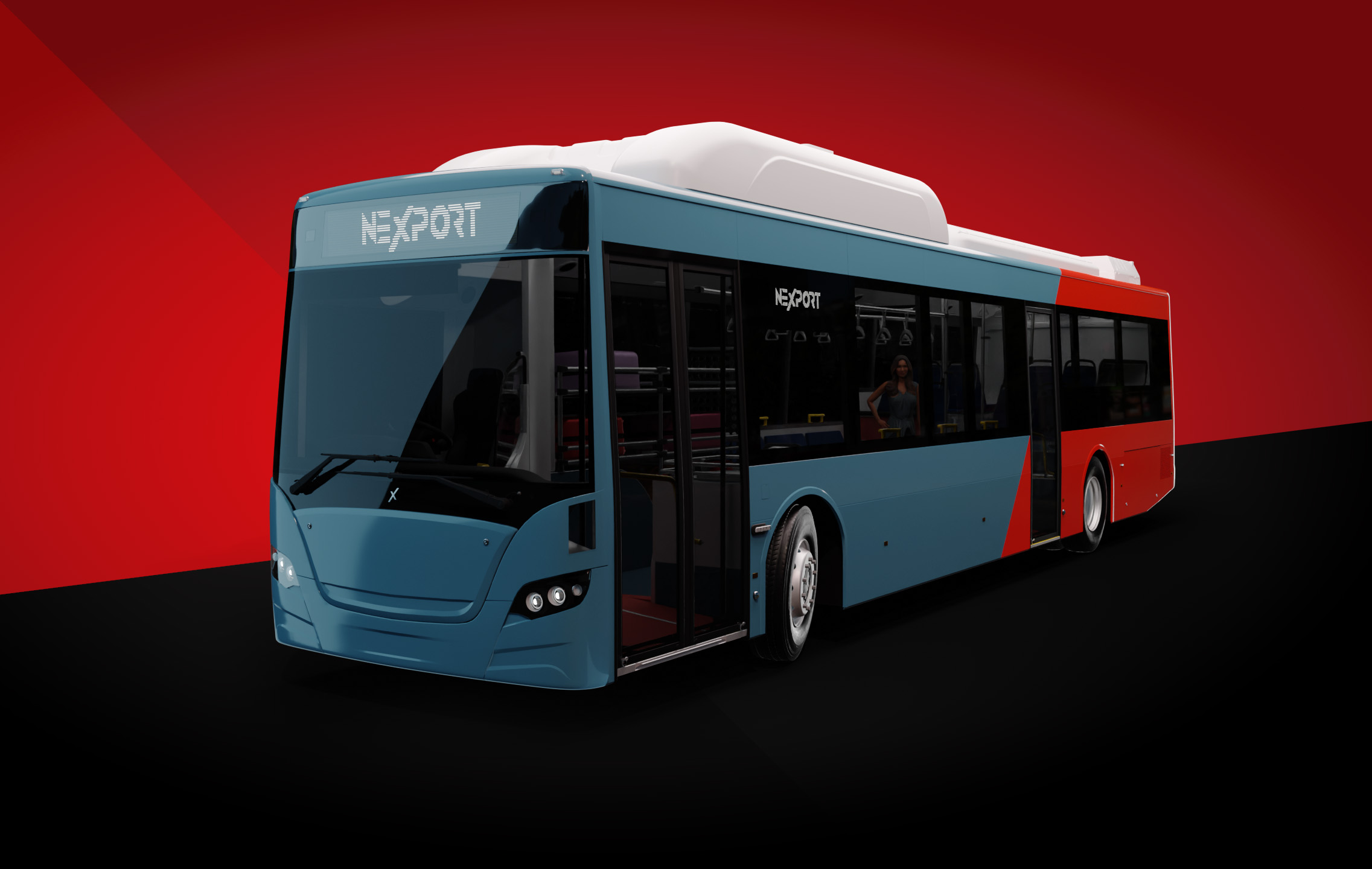 front three quarter view of a 12m low floor city bus on a red background