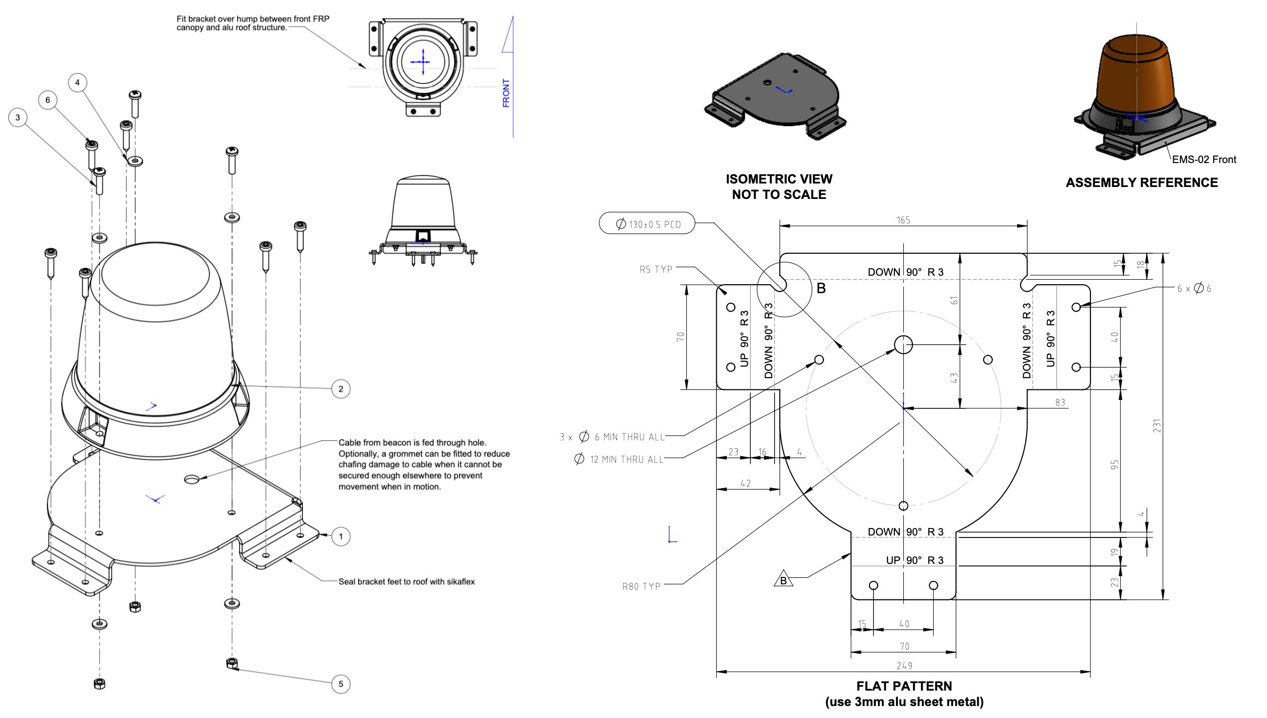 technical drawings in black and white, with an annotated flat pattern shown on the right, and 3D representations towards the top-right