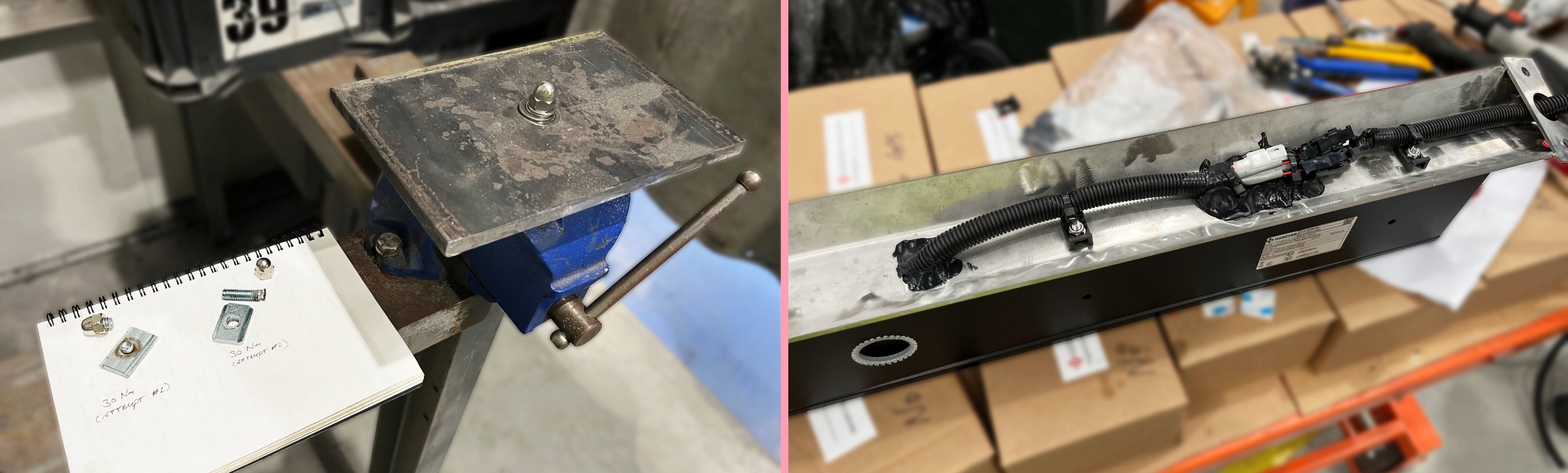 on the left, a test setup of a bolt set in a vise with two stripped bolts shown beside it. On the right, a photo of cabling being fitted with a protective conduit glued and cable-tied to the bracket.