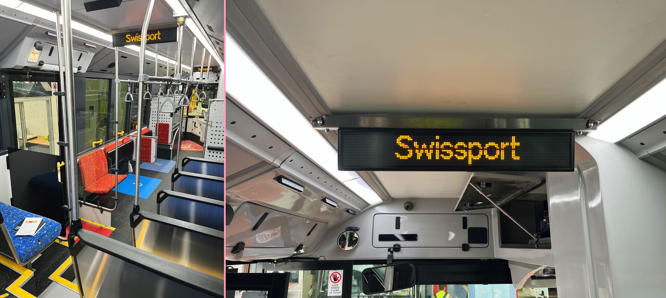 two photos inside the vehicle, showing the display mounted close to the ceiling